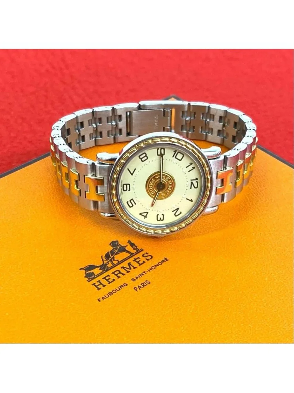 Hermes Sellier Stainless Quartz Watch Wrist Silver Gold